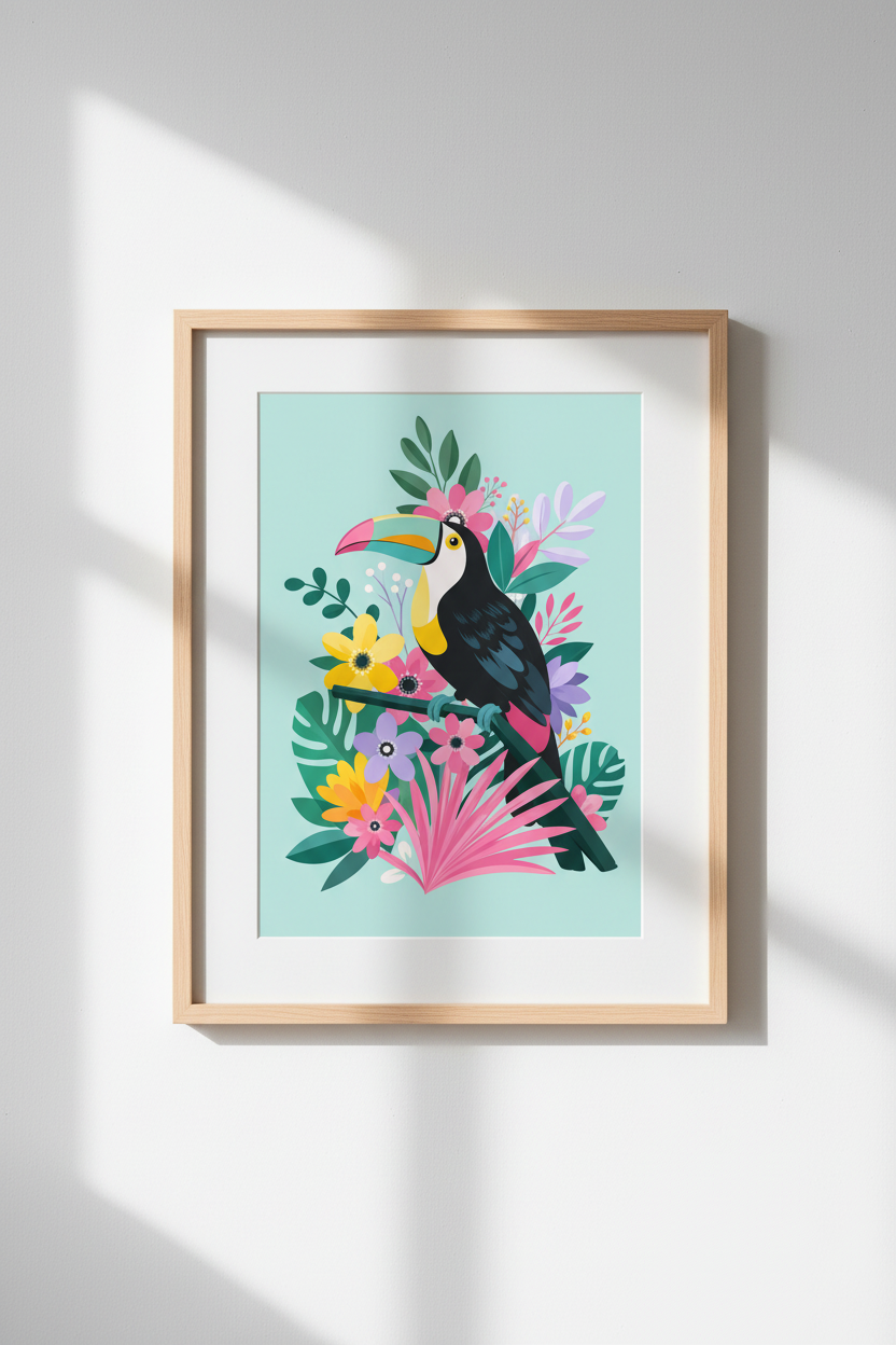 Toucan Bird Wall Art | Tropical Floral Illustration, Colorful Nursery Decor Poster