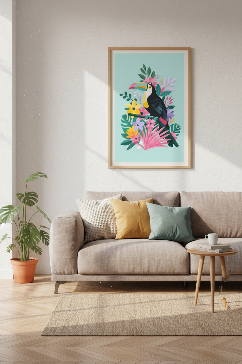 Toucan Bird Wall Art | Tropical Floral Illustration, Colorful Nursery Decor Poster