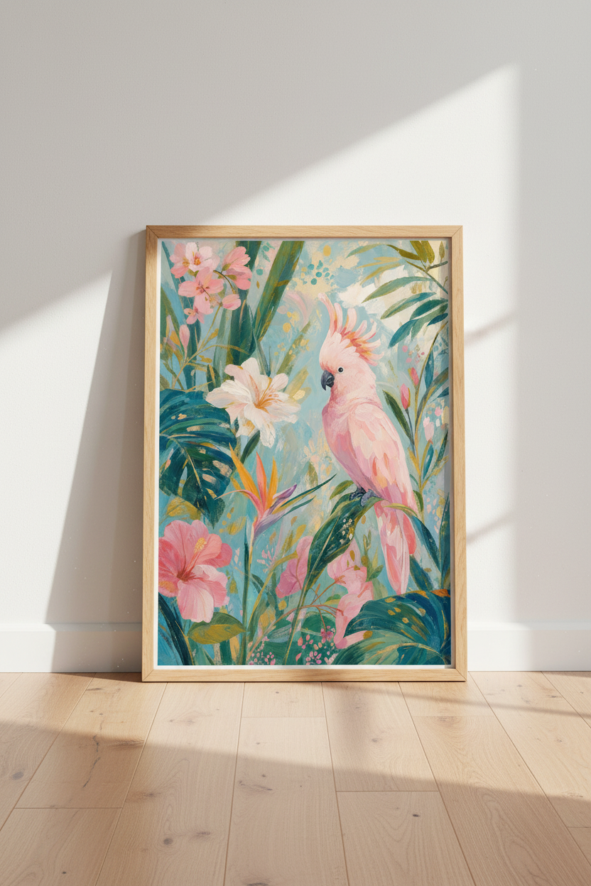 Pink Cockatoo Wall Art Print | Tropical Floral Decor | Boho Bird Poster