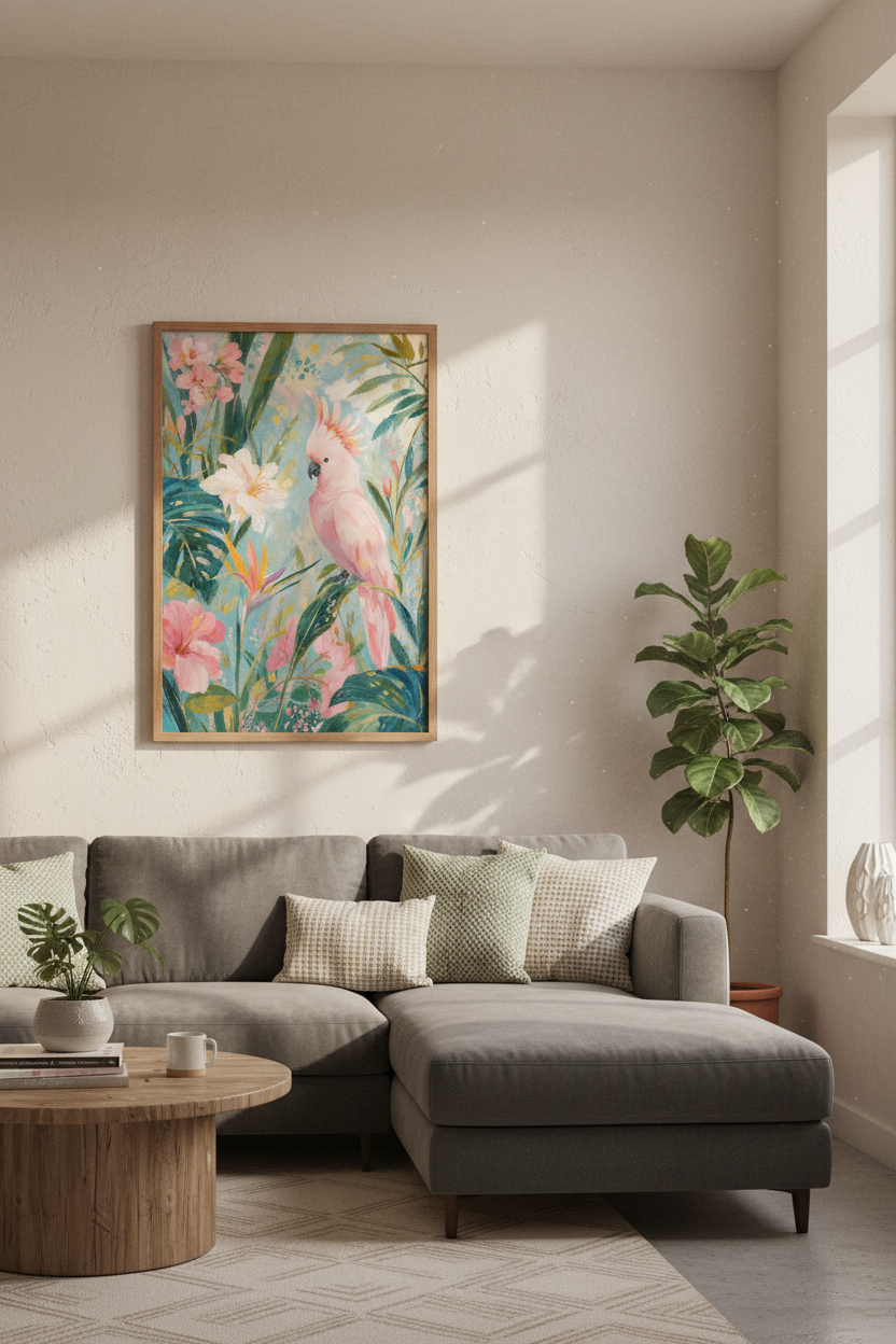 Pink Cockatoo Wall Art Print | Tropical Floral Decor | Boho Bird Poster