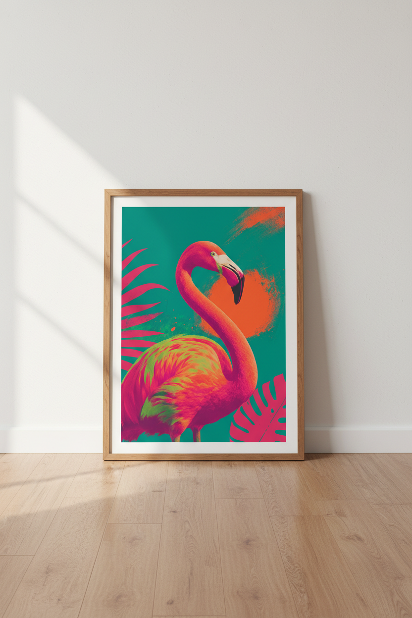Pink Flamingo Wall Art | Modern Tropical Teal &amp; Orange Poster | Eclectic Home Decor