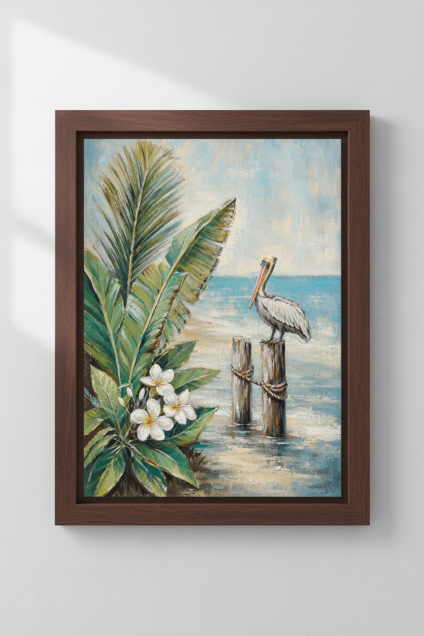 Tropical Pelican Beach Wall Art Print | Living Room Decor | Coastal Poster