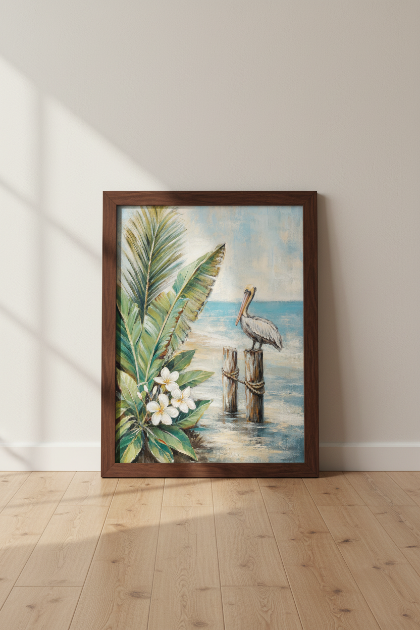 Tropical Pelican Beach Wall Art Print | Living Room Decor | Coastal Poster