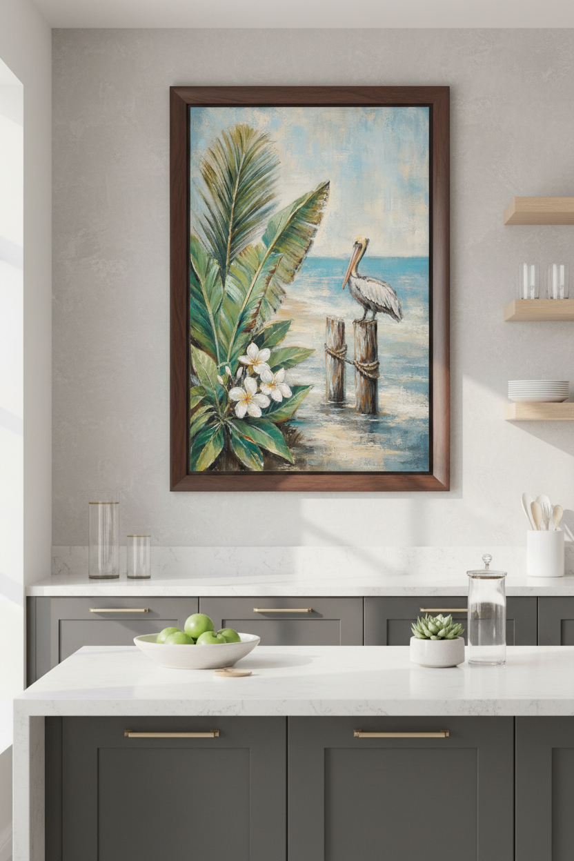 Tropical Pelican Beach Wall Art Print | Living Room Decor | Coastal Poster