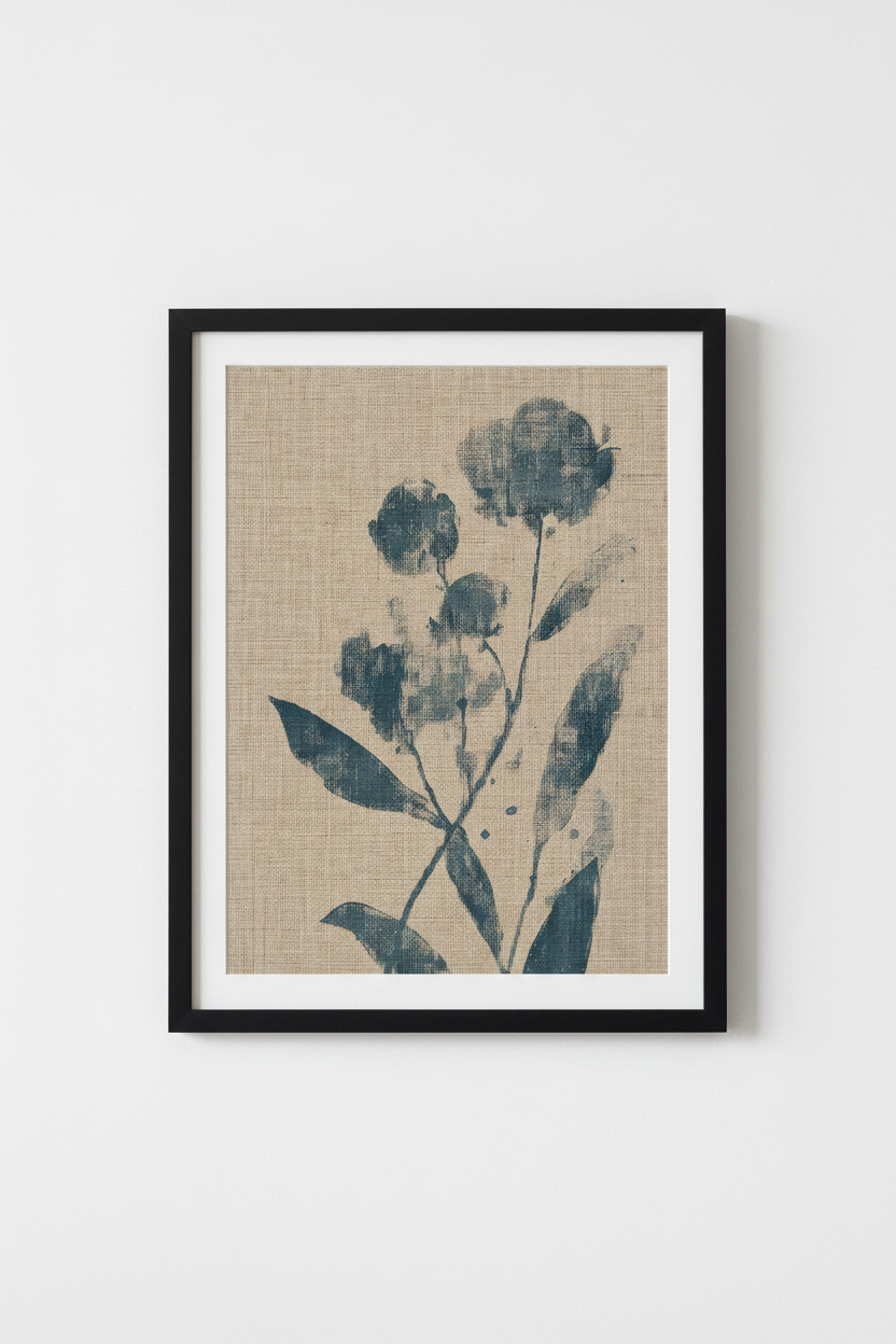 Indigo Floral Botanical Wall Art | Navy Blue Linen Poster, Modern Farmhouse Decor