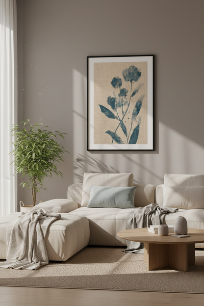 Indigo Floral Botanical Wall Art | Navy Blue Linen Poster, Modern Farmhouse Decor