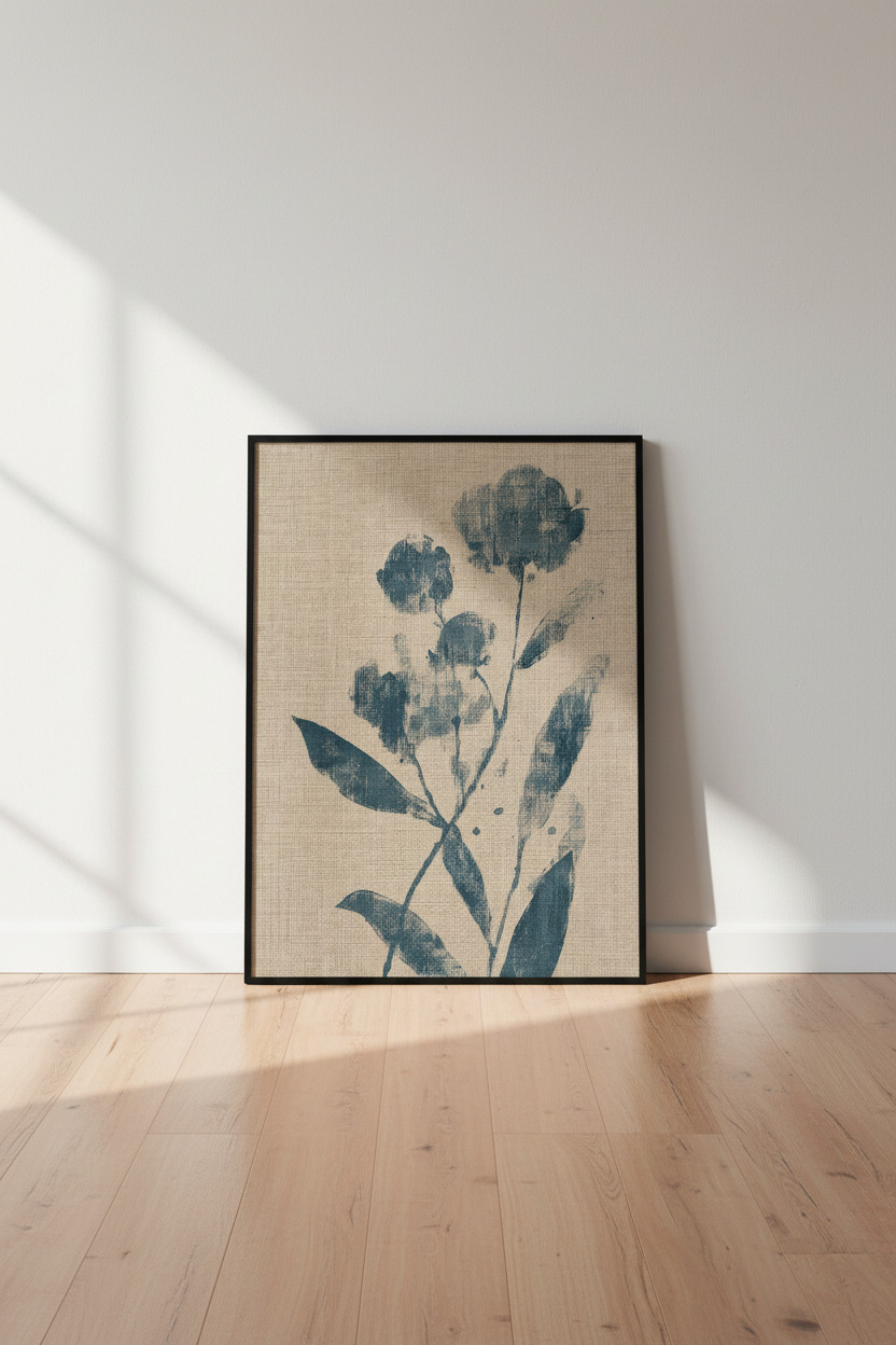 Indigo Floral Botanical Wall Art | Navy Blue Linen Poster, Modern Farmhouse Decor