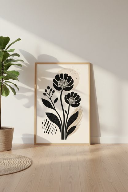 Abstract Botanical Flower Art Print | Neutral Beige &amp; Black Poster | Modern Boho Decor