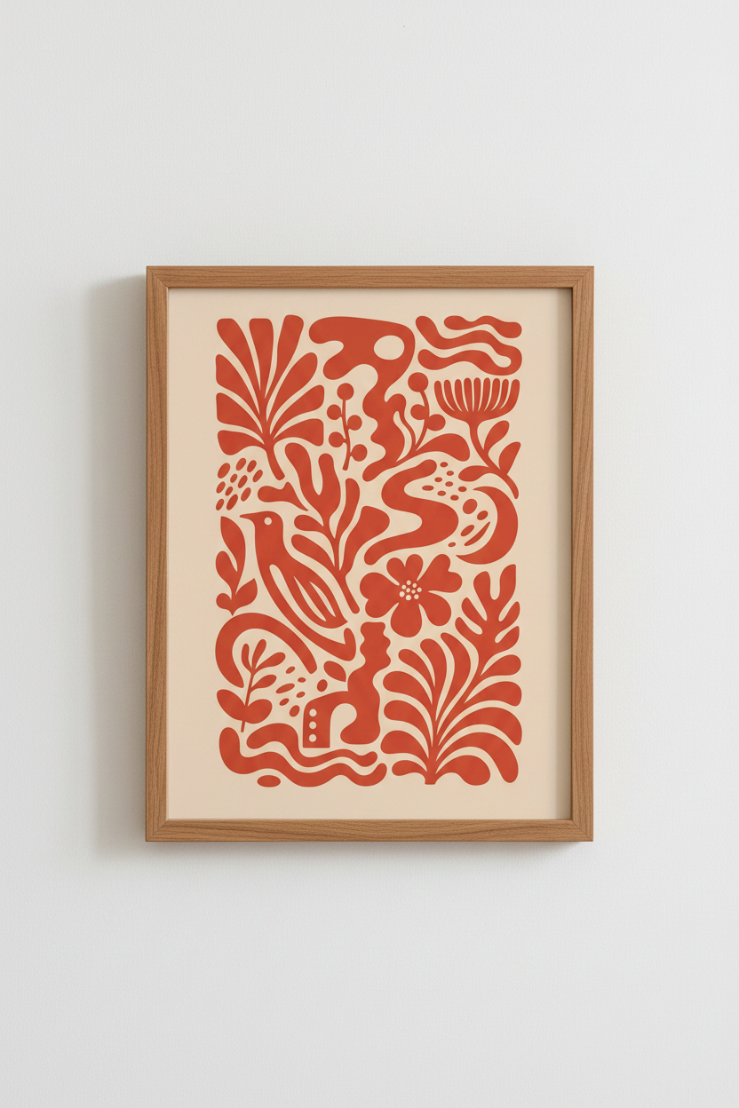 boho wall art print | warm coral tones, living room decor | modern poster