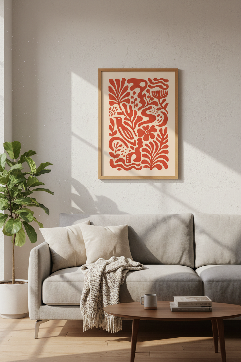 boho wall art print | warm coral tones, living room decor | modern poster