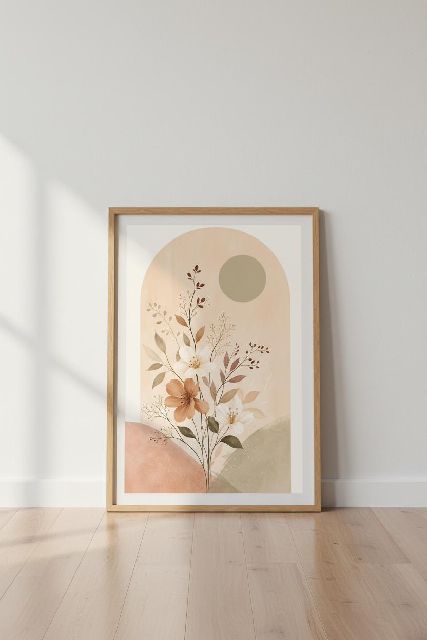 Boho Arch Floral Wall Art | Earthy Botanical Print, Minimalist Living Room Decor