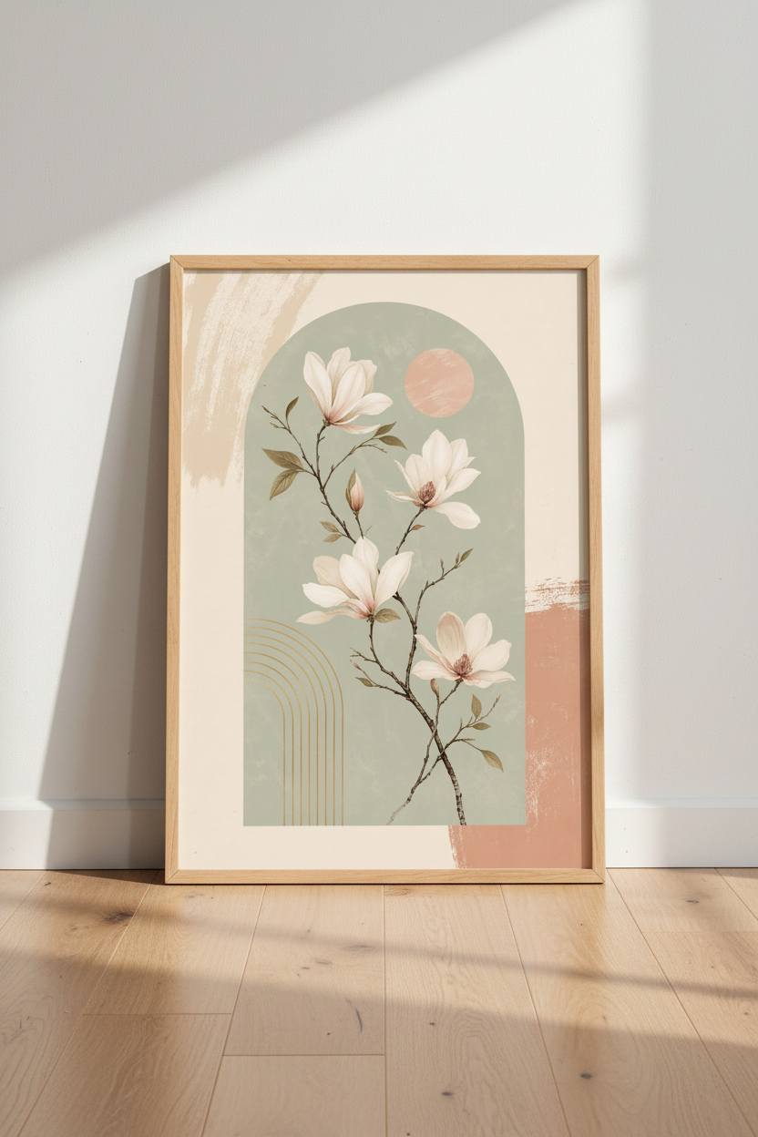 Magnolia Flower Wall Art | Sage Green &amp; Gold Boho Botanical Print, Living Room Decor