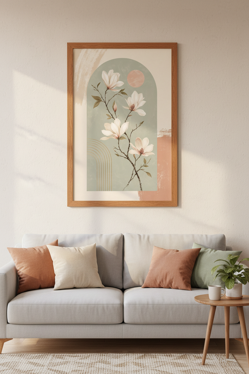 Magnolia Flower Wall Art | Sage Green &amp; Gold Boho Botanical Print, Living Room Decor