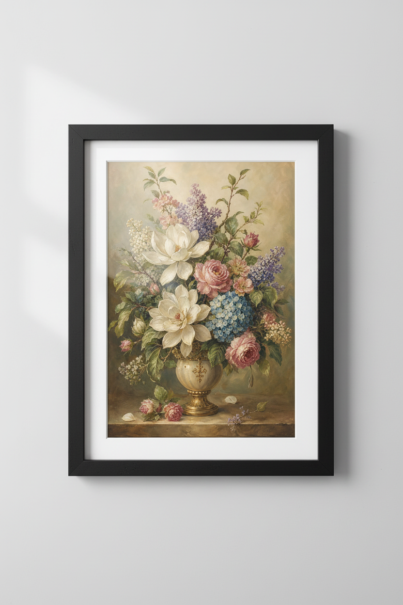 Vintage Floral Poster | Classical Oil Painting, Golden Vase Decor | Elegant Living Room