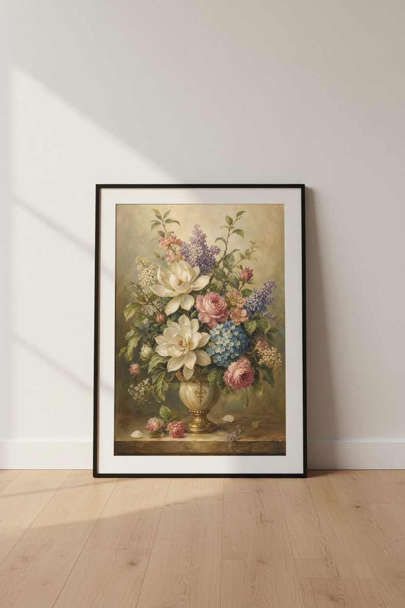 Vintage Floral Poster | Classical Oil Painting, Golden Vase Decor | Elegant Living Room