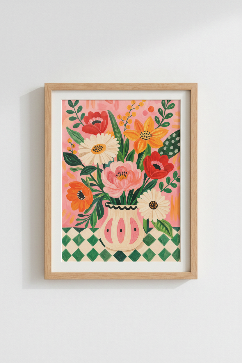Colorful Flower Poster | Vibrant Botanical Bouquet, Pink Aesthetic Maximalist Room Decor