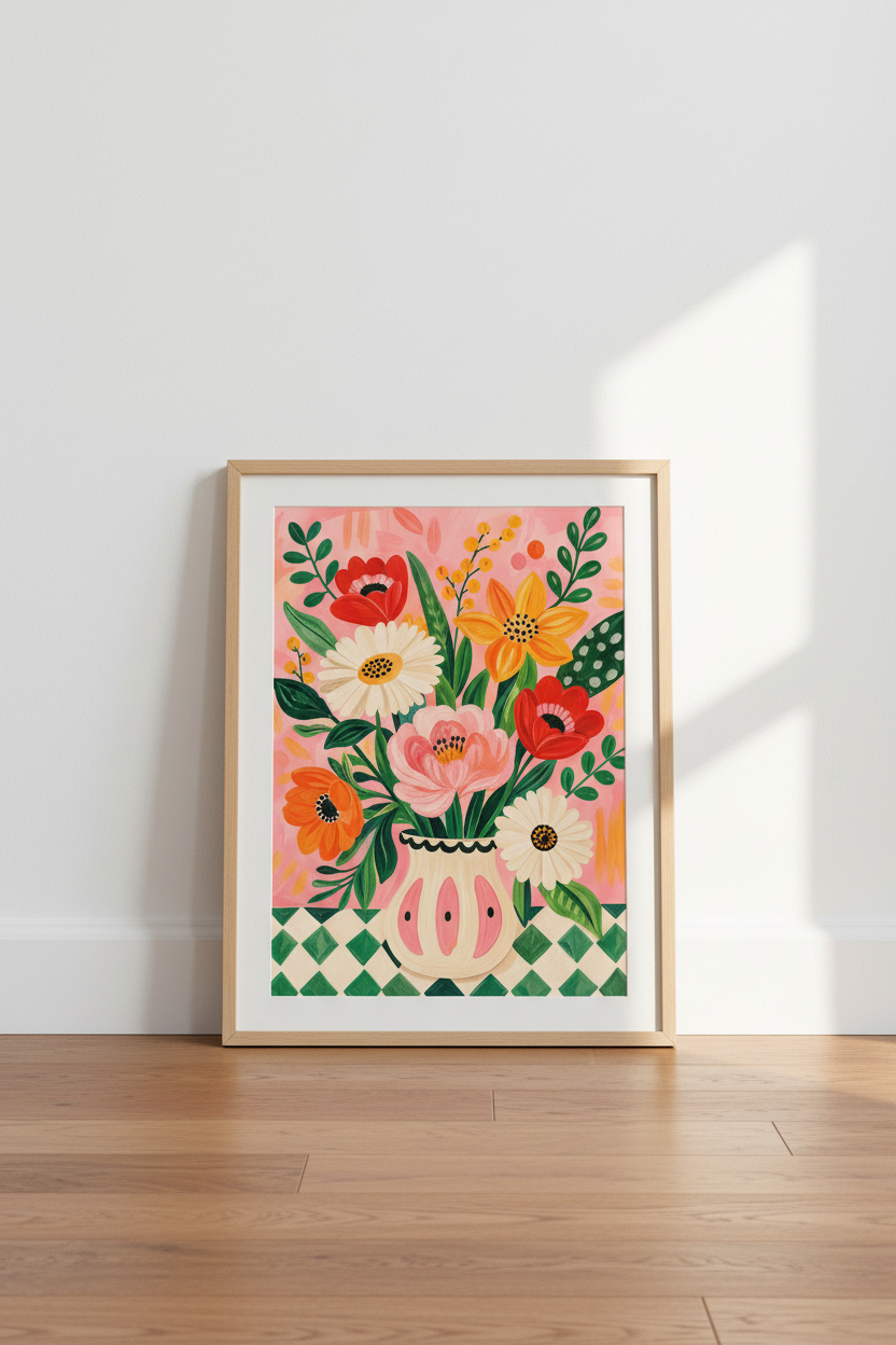 Colorful Flower Poster | Vibrant Botanical Bouquet, Pink Aesthetic Maximalist Room Decor