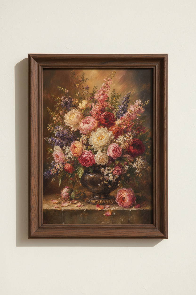 Floral wall art | Classic amber bouquet on dark background | Living room decor