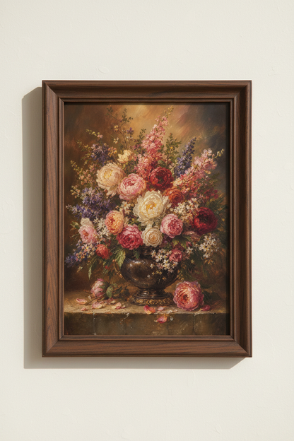 Floral wall art | Classic amber bouquet on dark background | Living room decor