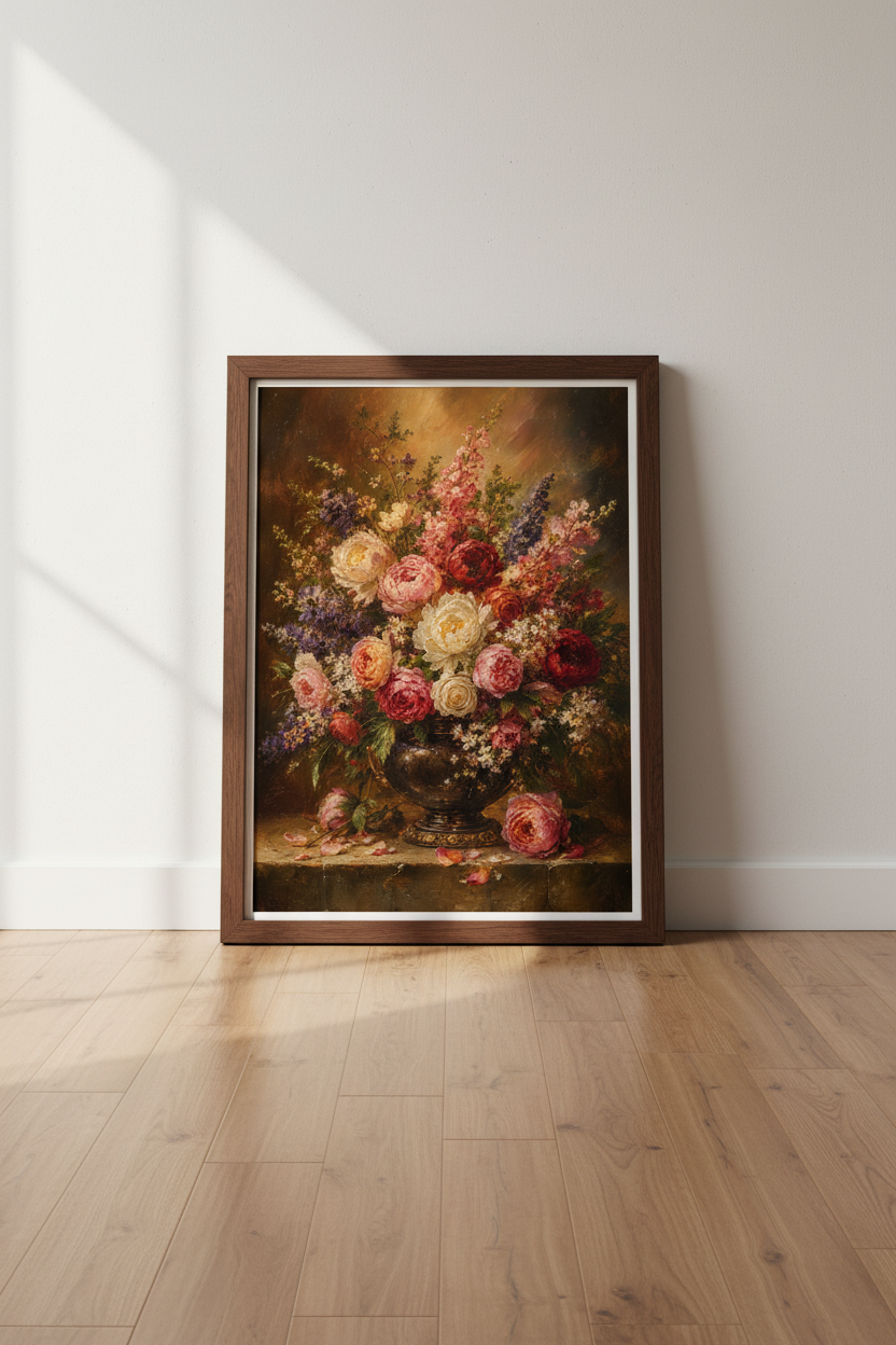 Floral wall art | Classic amber bouquet on dark background | Living room decor