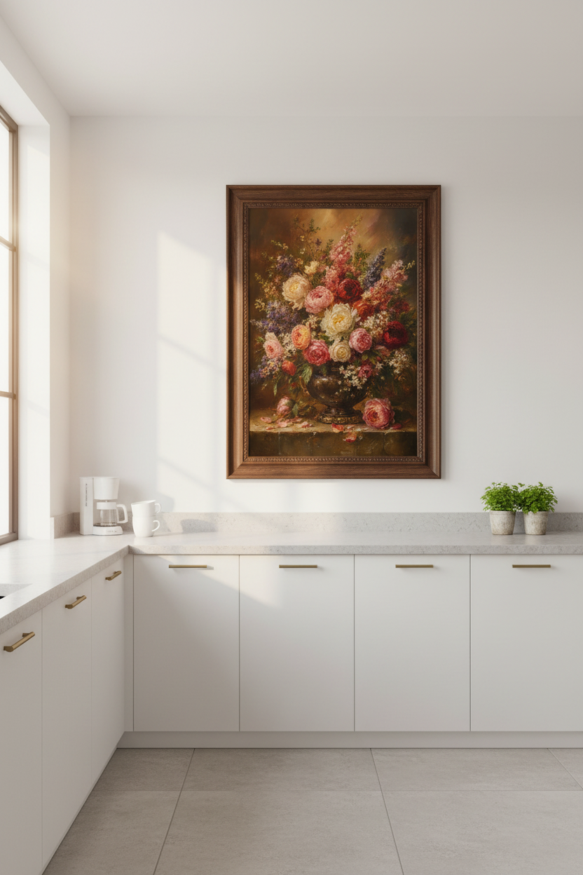 Floral wall art | Classic amber bouquet on dark background | Living room decor