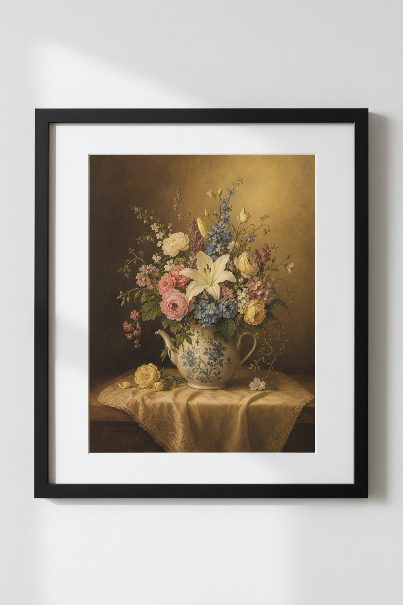 Botanical Print | Vintage Floral Still Life, Cream Tones | Living Room Decor
