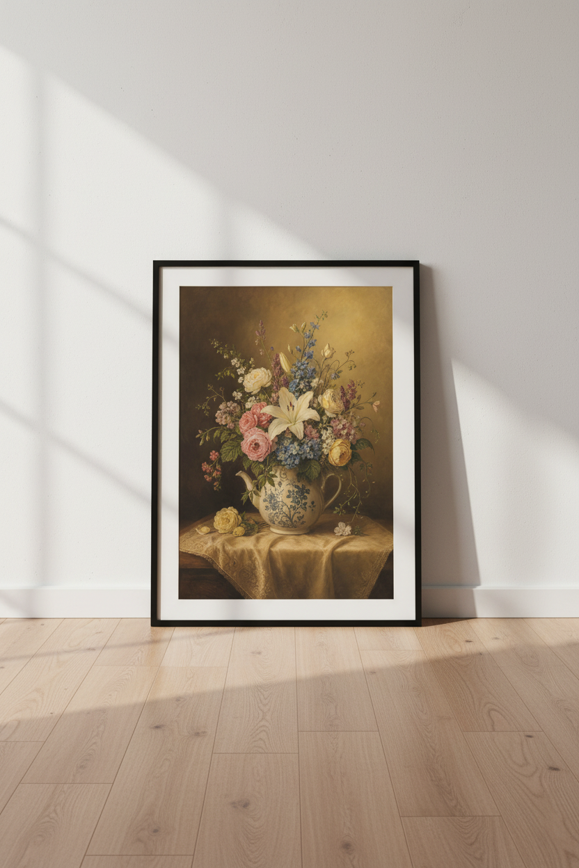 Botanical Print | Vintage Floral Still Life, Cream Tones | Living Room Decor