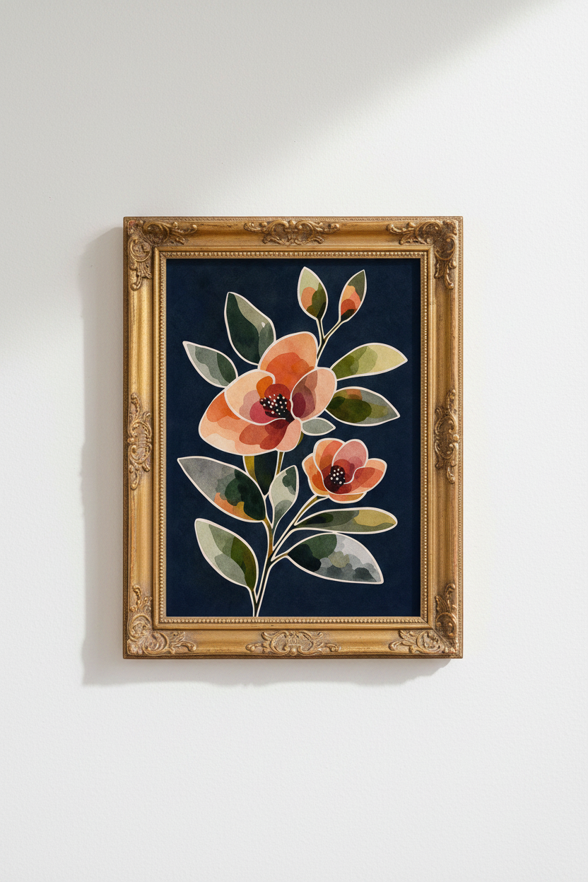 Floral Wall Art | Navy Backdrop Watercolor, Bold Bloom | Living Room Decor