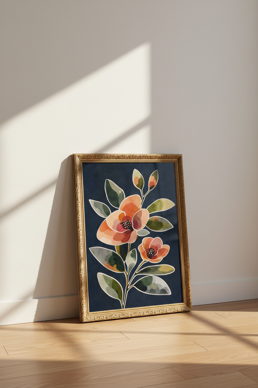 Floral Wall Art | Navy Backdrop Watercolor, Bold Bloom | Living Room Decor