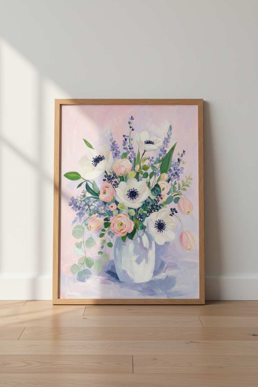 Pastel Floral Art | Impressionist Bouquet in Pink Tones | Living Room Decor