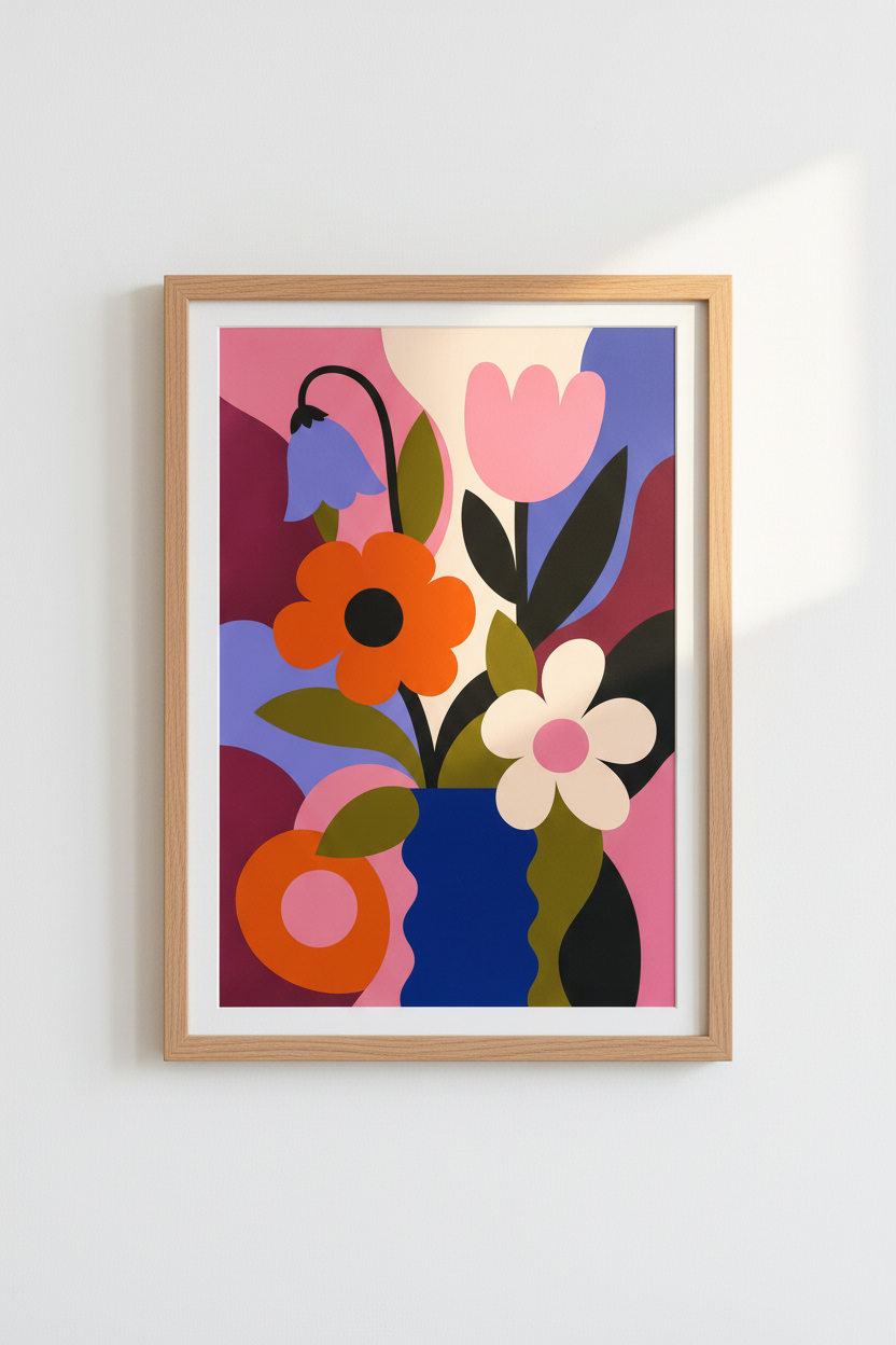 Retro Floral Wall Art Print | Colorful Abstract Flower Poster, Modern Guest Room Decor