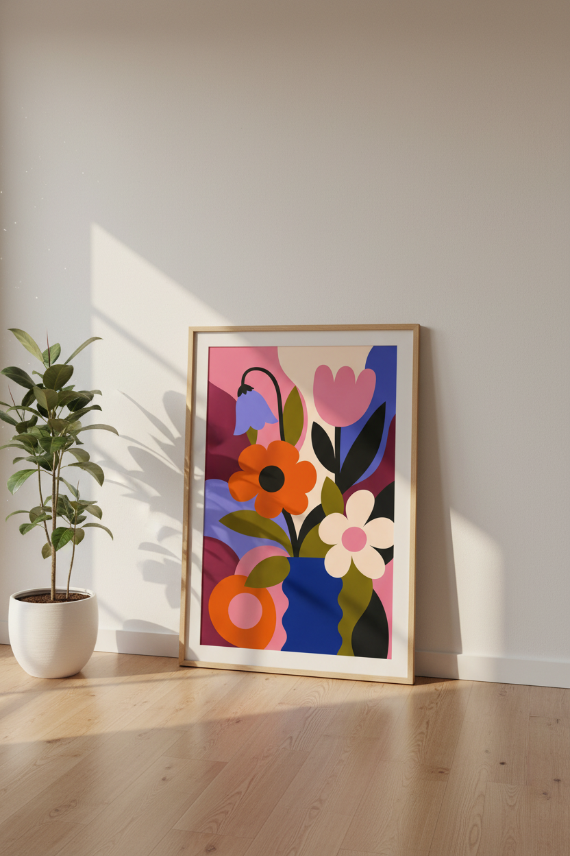 Retro Floral Wall Art Print | Colorful Abstract Flower Poster, Modern Guest Room Decor