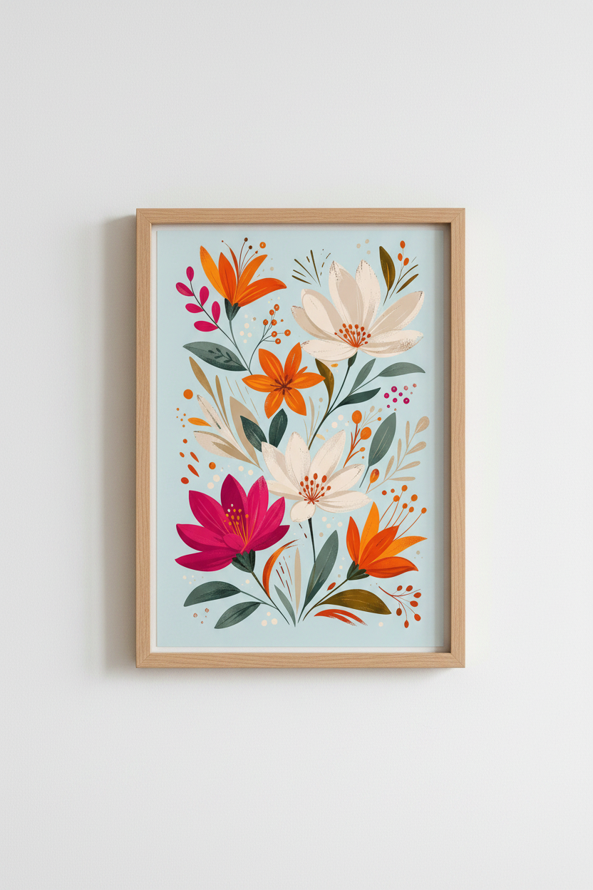 Floral Folk Art Print | Modern Botanical Bouquet Decor | Colorful Boho Poster