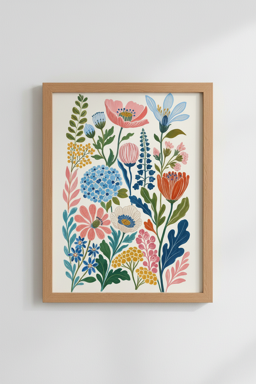 Folk Floral Wall Art Print | Colorful Botanical Poster, Aesthetic Living Room Decor