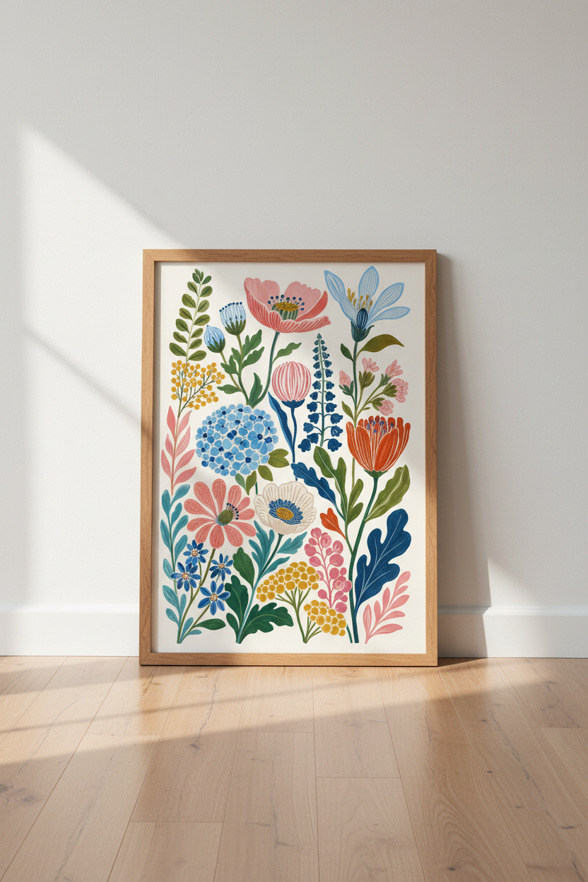 Folk Floral Wall Art Print | Colorful Botanical Poster, Aesthetic Living Room Decor