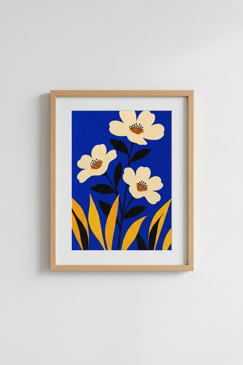 Floral wall art print | Abstract blue-yellow decor | Bold poster