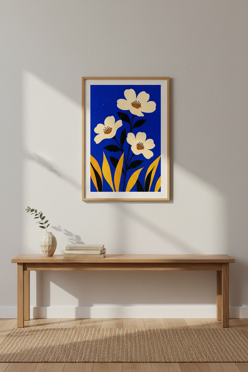 Floral wall art print | Abstract blue-yellow decor | Bold poster