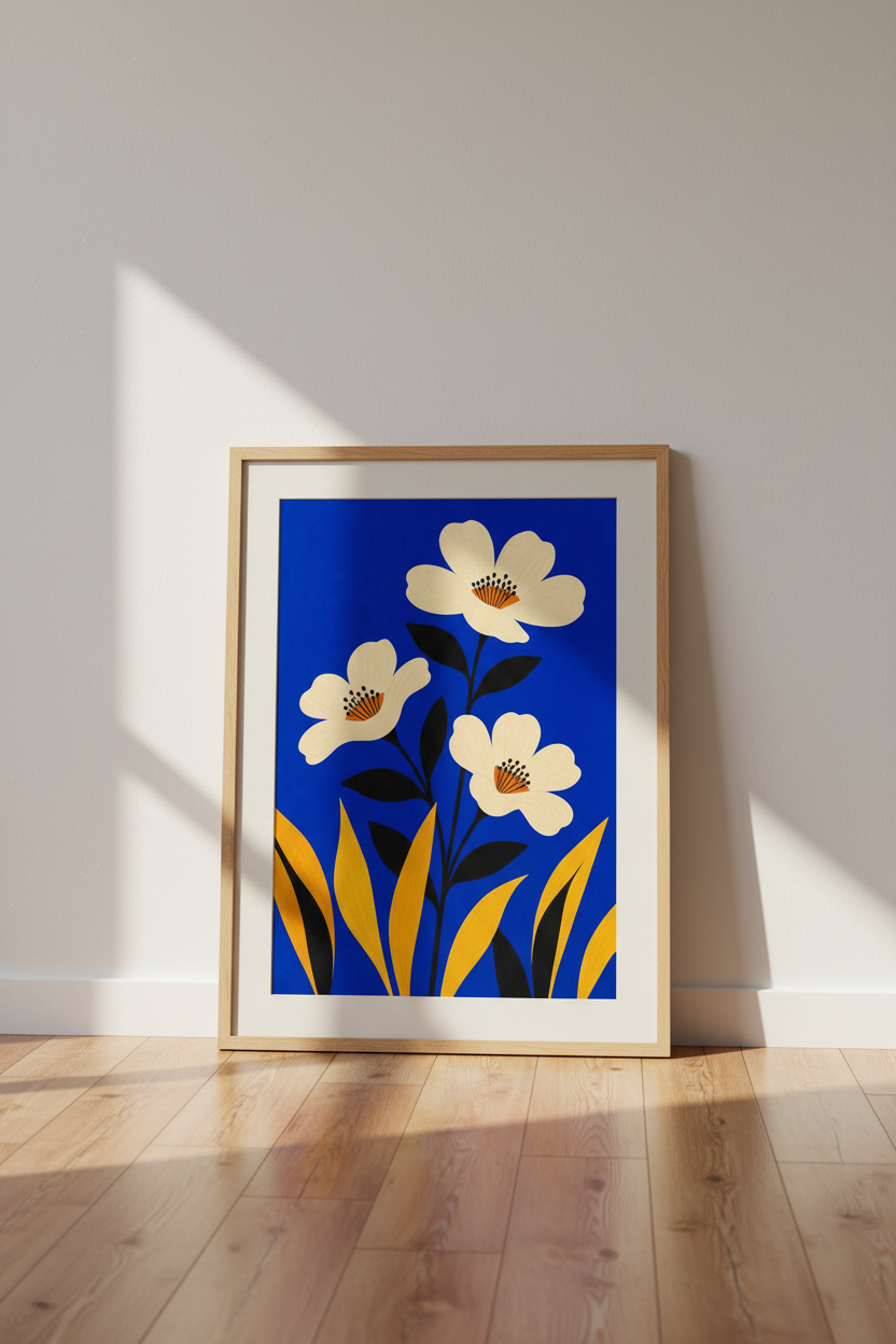 Floral wall art print | Abstract blue-yellow decor | Bold poster