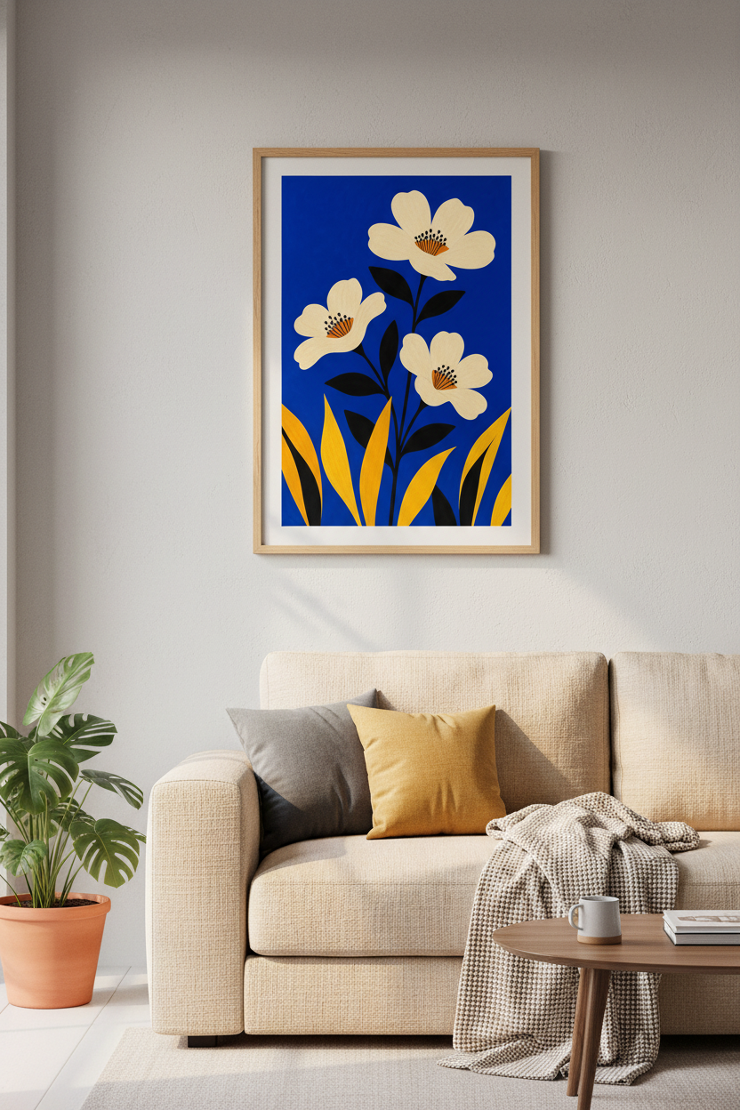 Floral wall art print | Abstract blue-yellow decor | Bold poster
