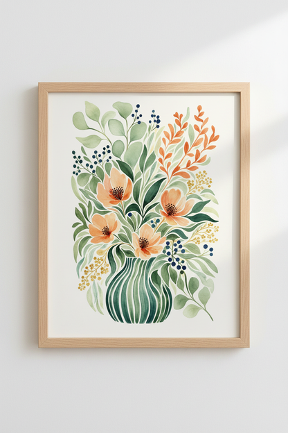 boho wall art print | watercolor bouquet vase decor