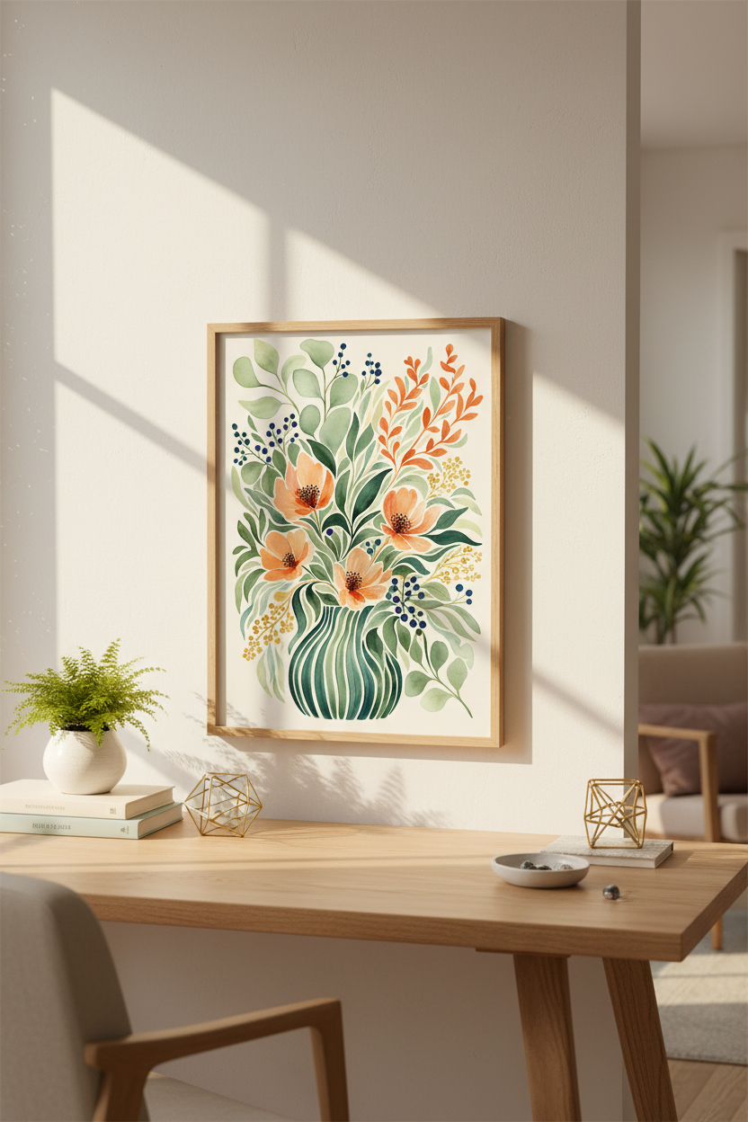 boho wall art print | watercolor bouquet vase decor