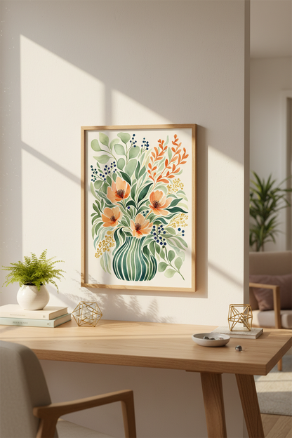boho wall art print | watercolor bouquet vase decor