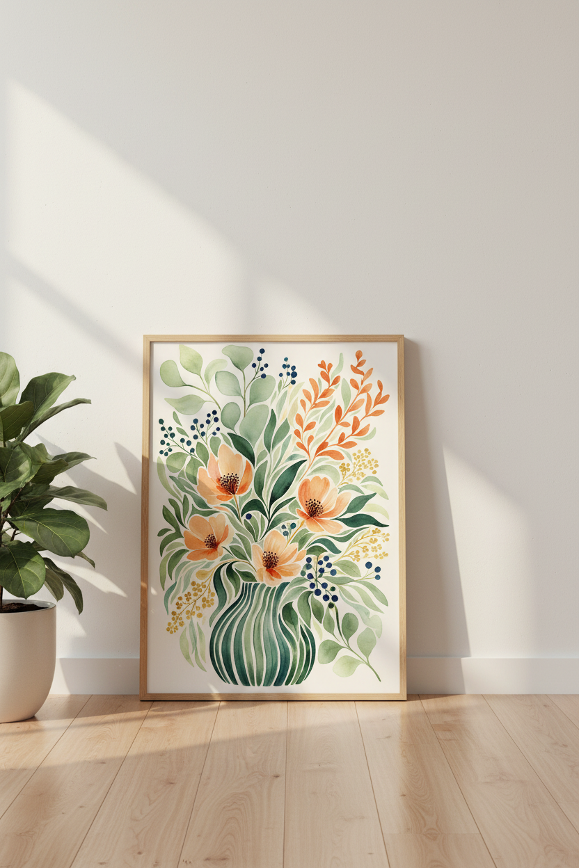 boho wall art print | watercolor bouquet vase decor