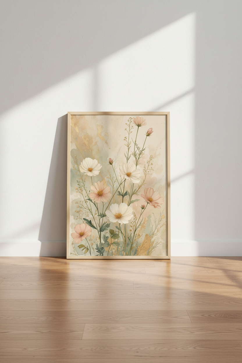Watercolor Wildflower Wall Art Print | Blush &amp; Gold Floral Poster | Pastel Boho Decor