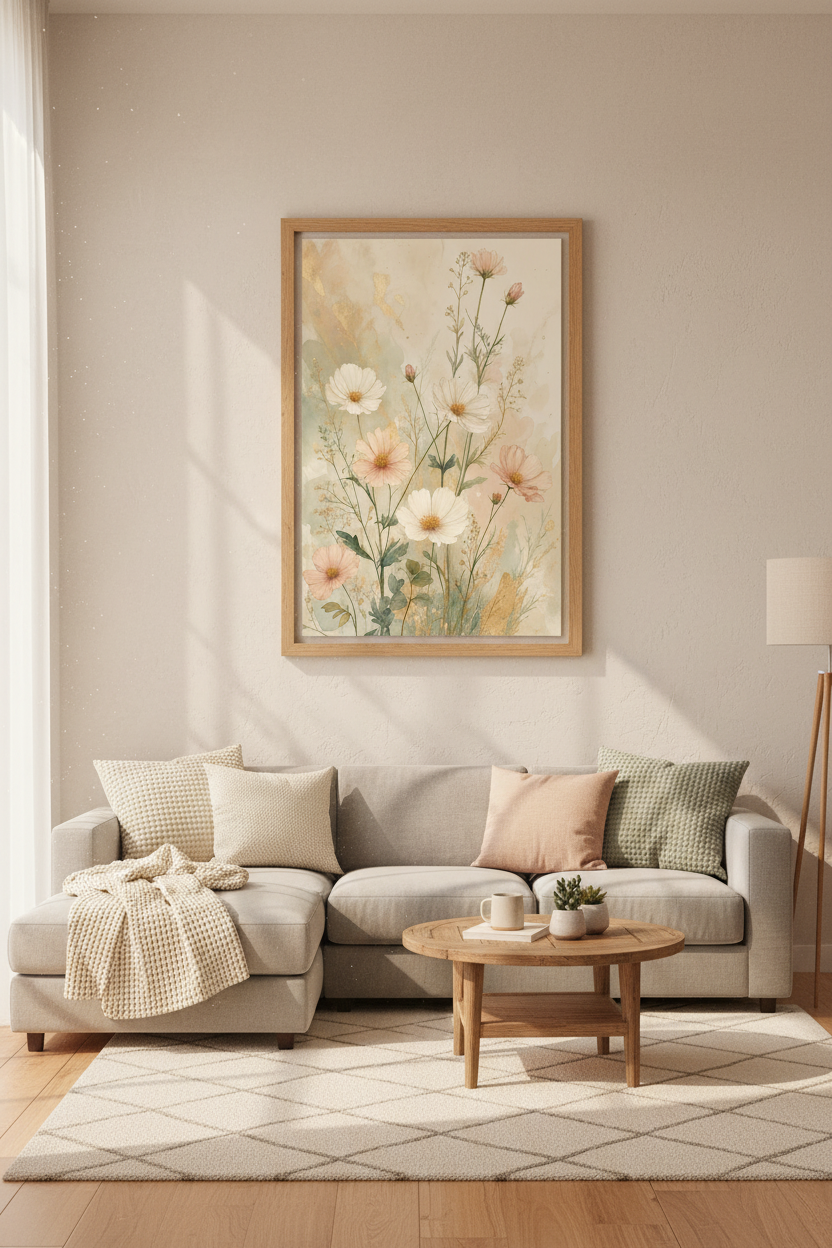 Watercolor Wildflower Wall Art Print | Blush &amp; Gold Floral Poster | Pastel Boho Decor