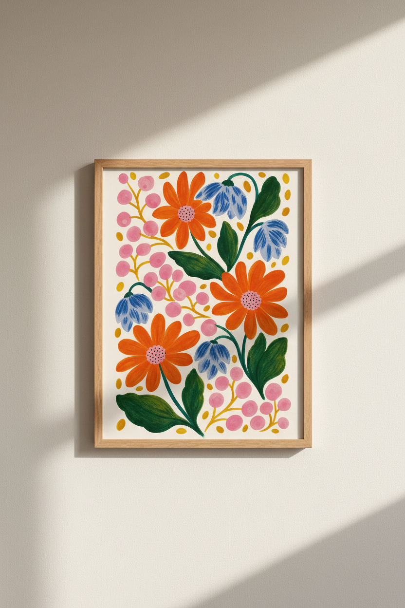 Colorful Floral Art Print | Boho Botanical Decor, Vibrant Orange Pink Flower Poster