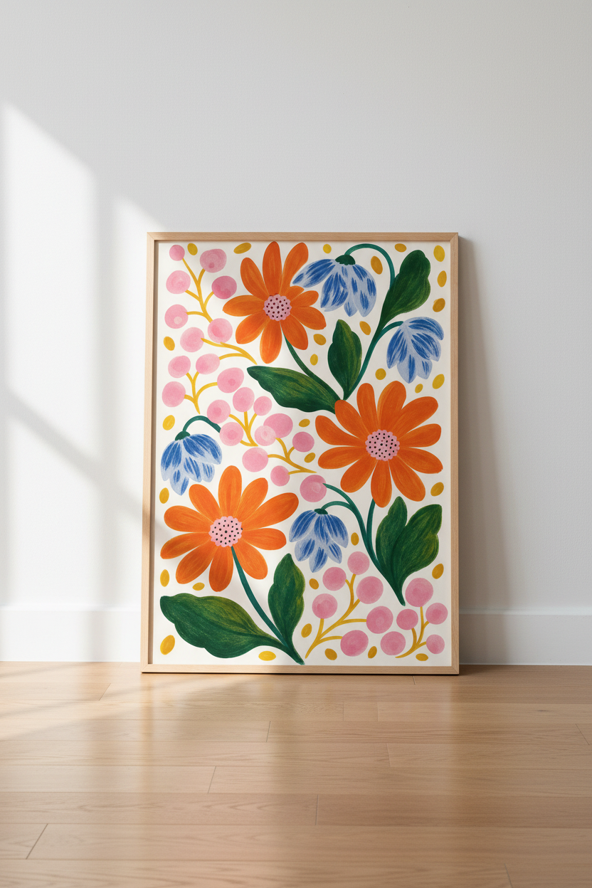 Colorful Floral Art Print | Boho Botanical Decor, Vibrant Orange Pink Flower Poster
