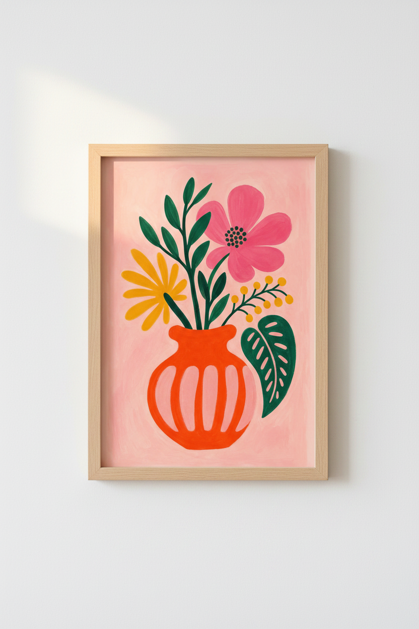 Pink Floral Art Print | Abstract Flower Vase Poster, Colorful Eclectic Room Decor