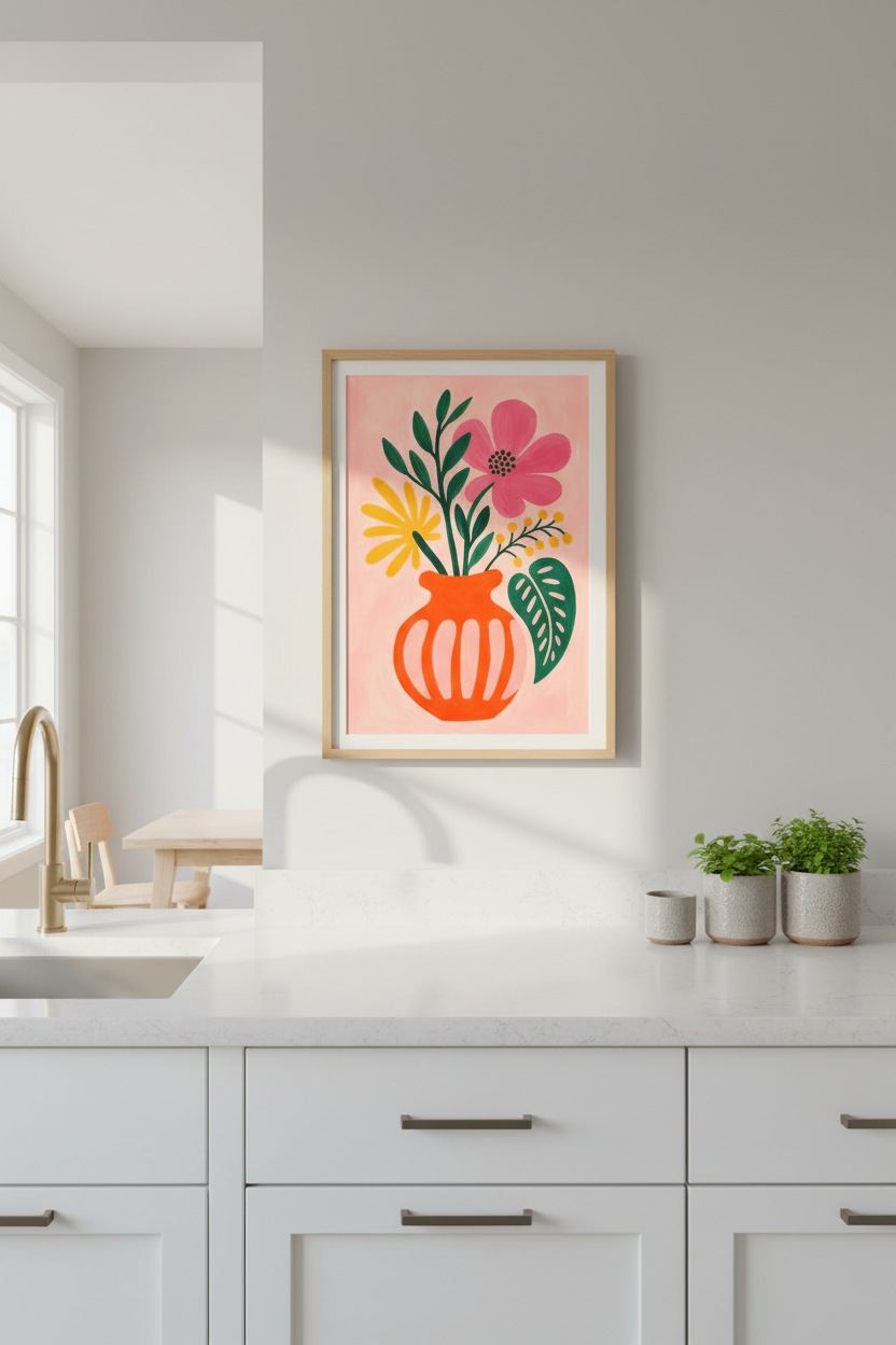 Pink Floral Art Print | Abstract Flower Vase Poster, Colorful Eclectic Room Decor