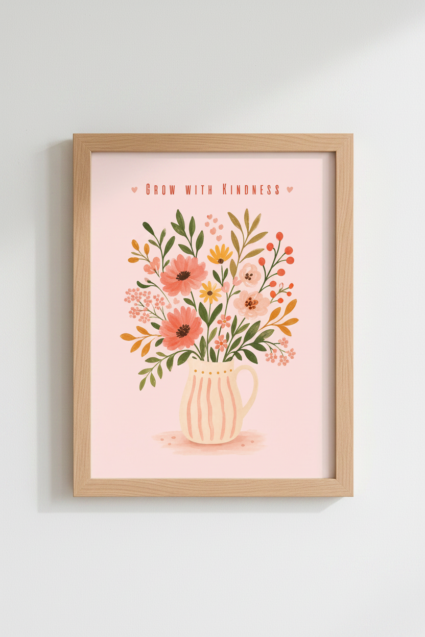 Positivity Floral Wall Art | Grow With Kindness Poster, Pink Nursery &amp; Bedroom Decor